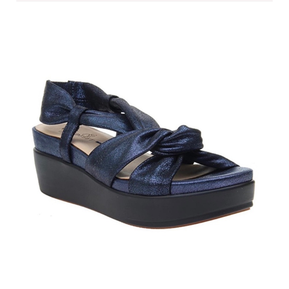 Naked Feet Navy Blue Metallic Knot Platform Wedge Slingback Sandals